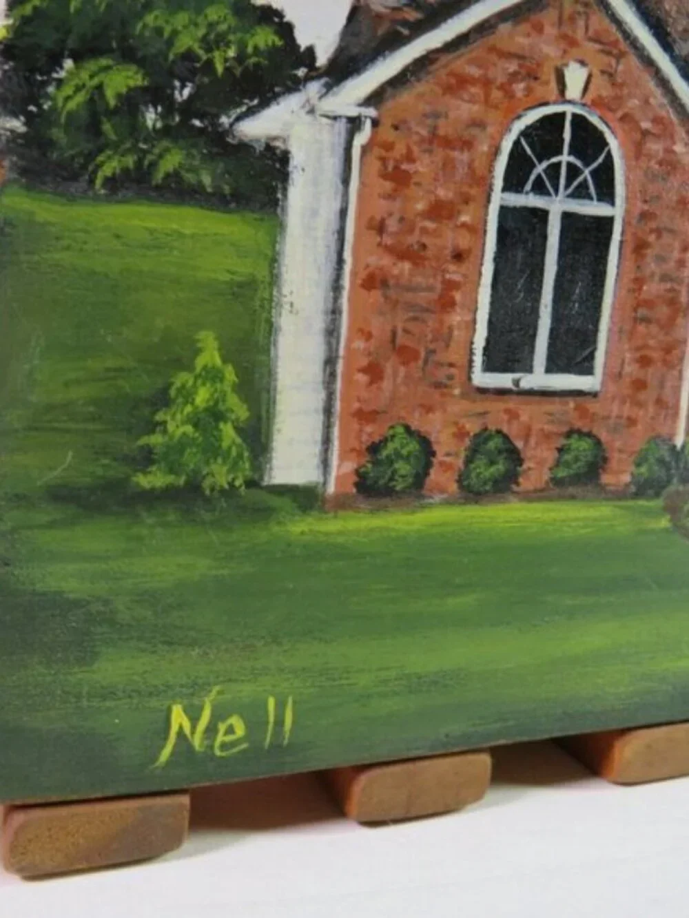 Fall Wooden Basket Floral Centerpiece Hand Painted House Signed Nell Farmhouse